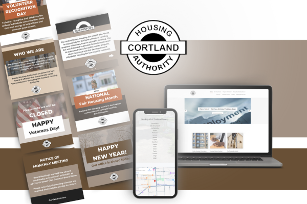 A collage showing Cortland Housing Authority flyers, their logo, a smartphone displaying a map, and a laptop open to their website, all set against a brown and white background.