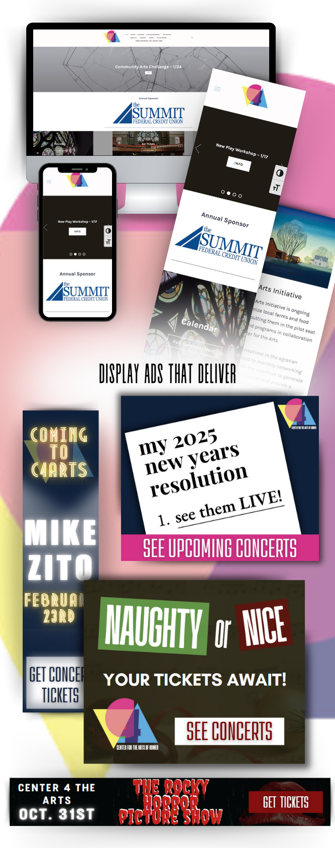 A collage shows digital marketing materials, including a website on various devices, sponsor logos, and colorful display ads promoting concerts and events, such as Make Zito, Naughty or Nice, and The Rocky Horror Show..