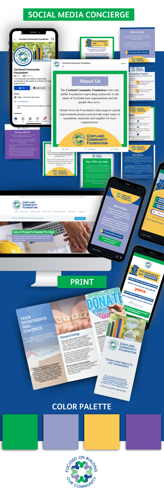 A nonprofits digital and print branding, featuring website, social media, print materials, logo, color palette (green, blue, yellow, purple), and a SOCIAL MEDIA CONCIERGE and PRINT service focus.