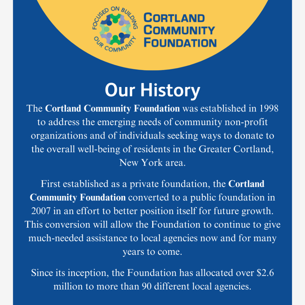 A blue graphic with the Cortland Community Foundation logo and a text summary explaining the foundations history, its mission, and total funds allocated since inception—over $2.6 million to more than 90 local agencies.