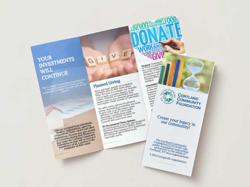 Three brochures from Cortland Community Foundation about planned giving. They feature images of hands with wooden blocks spelling GIVE, donation-related graphics, and an hourglass. Text encourages creating a legacy in the community.