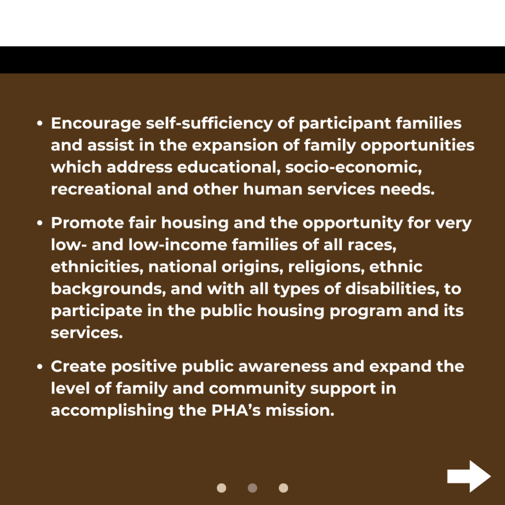 Three bullet points about supporting diverse families, promoting fairness, and expanding public housing awareness on a brown background with white text and a right arrow at the bottom.