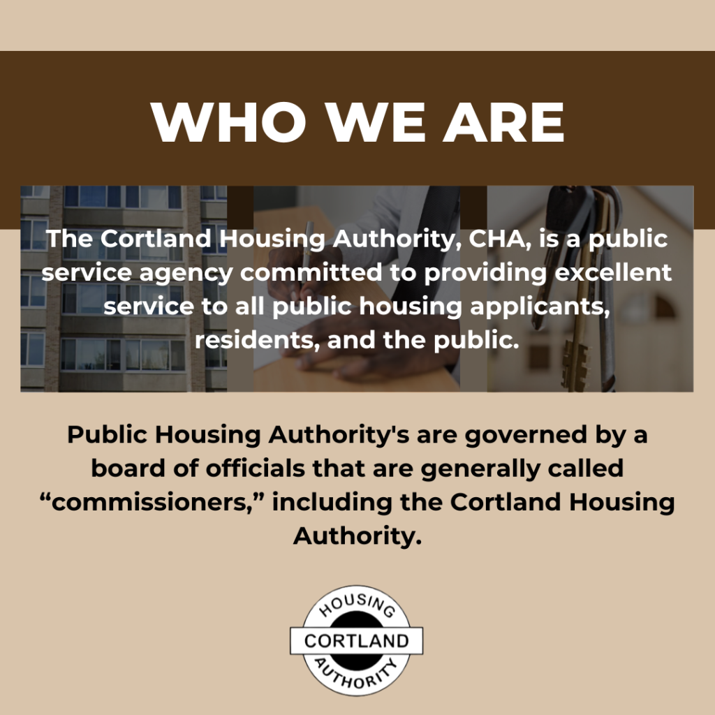 Informational graphic about the Cortland Housing Authority, describing its commitment to public housing and mentioning governance by a board of commissioners. The background shows businesspeople and a gavel.