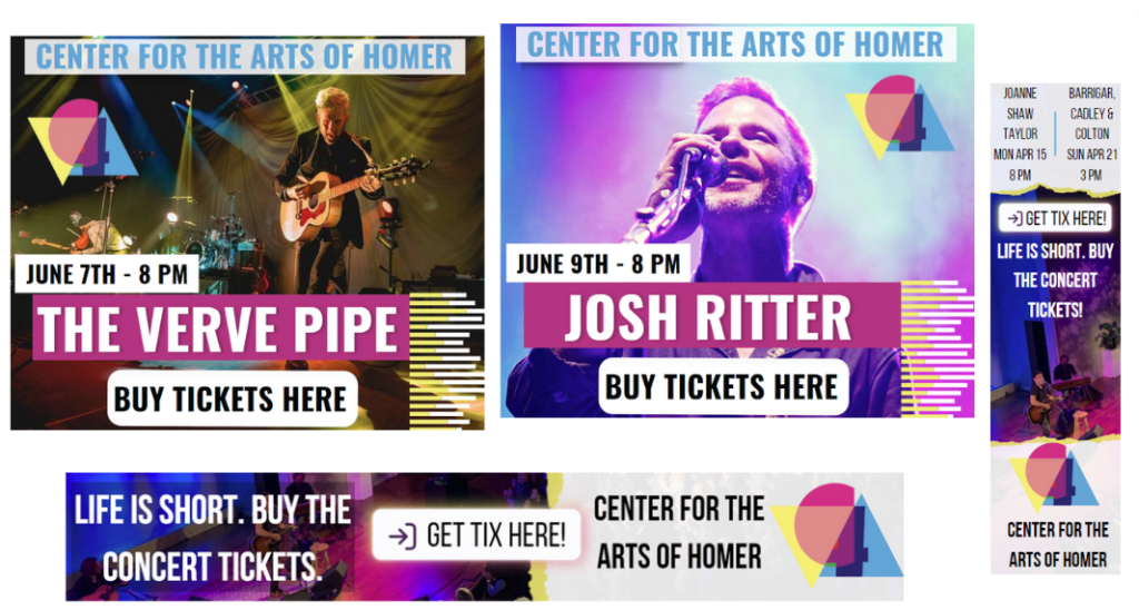 Concert ads for The Verve Pipe on June 7 and Josh Ritter on June 9 at the Center for the Arts of Homer, with images of performers and ticket purchase buttons.