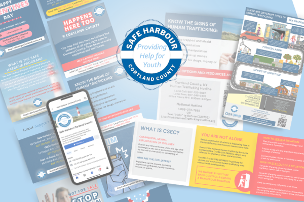 A collage of informational pamphlets and a phone with messages about human trafficking, CSEC, and resources from Safe Harbour in Cortland County. Blue, red, and yellow colors dominate the materials.