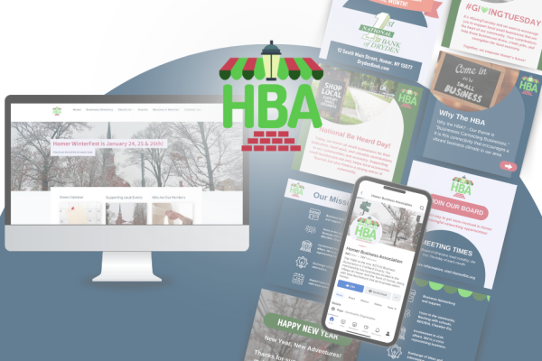 A computer monitor and smartphone display HBAs website and Facebook page, surrounded by colorful promotional flyers. An HBA logo with a striped awning and brick design is centered above the devices.