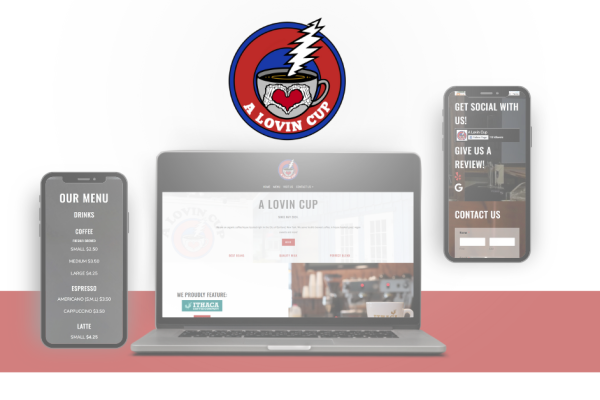 A logo with a coffee cup and lightning bolt above A Lovin Cup is centered above a laptop and two smartphones displaying the cafés menu and website. The background is white and red.