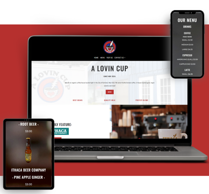A laptop displays a café website, with a phone showing the menu and a tablet highlighting a pineapple ginger root beer on a red background.