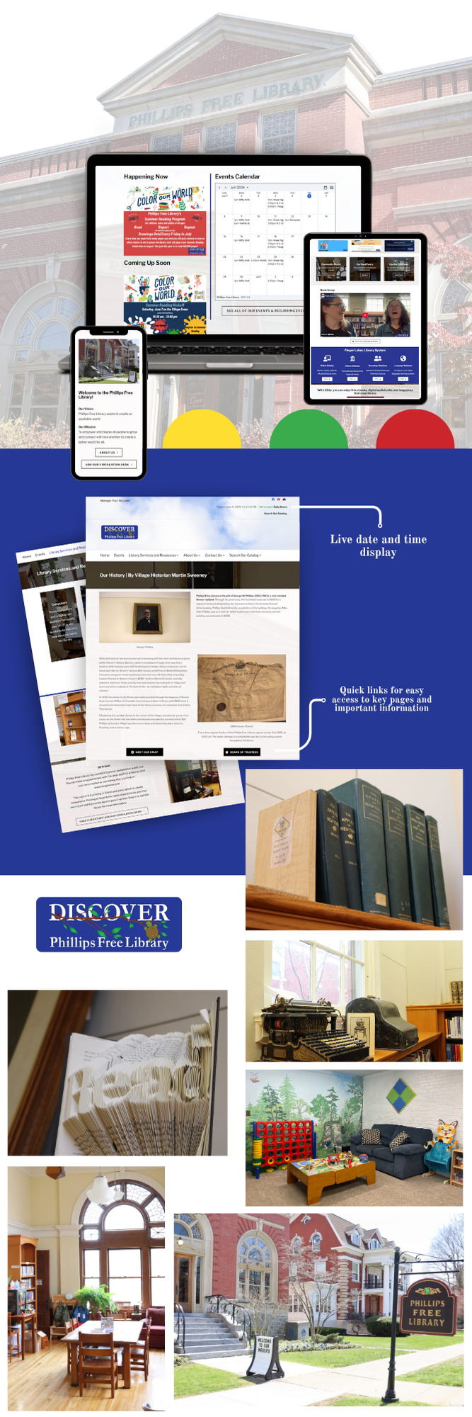 Collage showing the Phillips Free Library building, its website on devices, event displays, books, reading areas, childrens toys, and library sign, highlighting resources and inviting community atmosphere.
