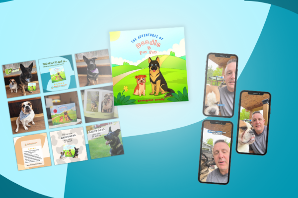A collage features dog photos, a childrens book titled The Adventures of Eddie the Pup, and three phone screens showing a man with a dog on video calls, all set against a blue background.