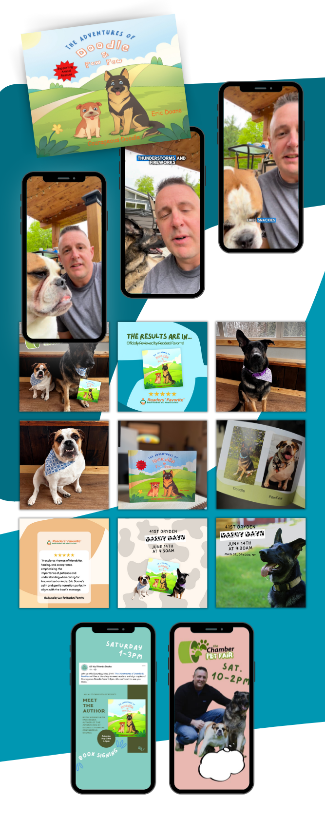 A collage featuring a man with dogs, book covers of The Adventures of Bo Diddley, event flyers, and dogs posing with the book. Some photos were taken outside, and some are displayed on mobile phone screens.